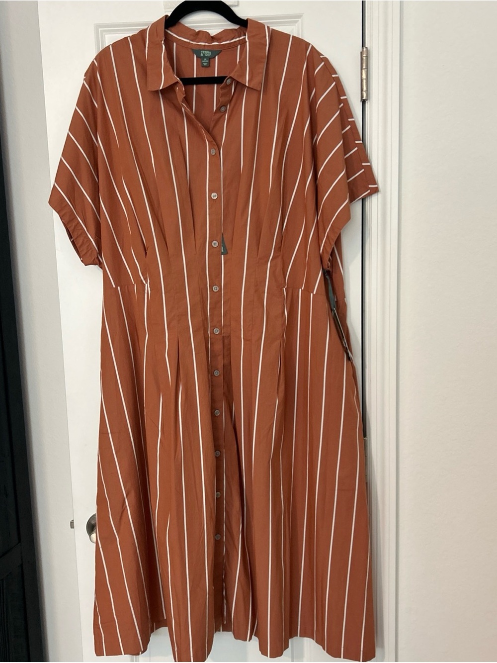 Terra & Sky Midi Fit/Flare Dress- 3X Terracotta Button Down Vertical Stripe- NWT
